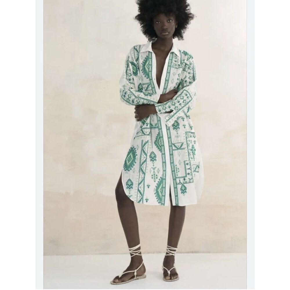 Zara White & Green Aztec Embroidered Tunic Shirt Dress size Coverup Boho